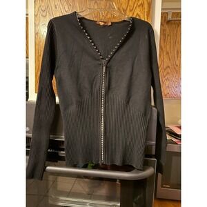 Bellami Womens Black Rhinestone Embellished Zip Front Cardigan Sweater Size L‎